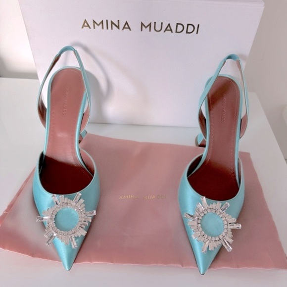 Amina Muaddi Begum Satin Slingback Pumps in Turquoise - Picture 2 of 10